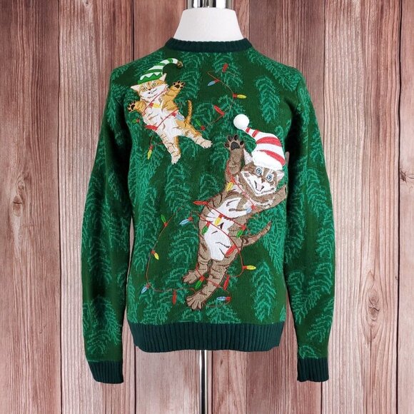Blizzard Bay Unisex Adult Size Medium Green Tangled Cats Ugly Christmas Sweater - Picture 2 of 14